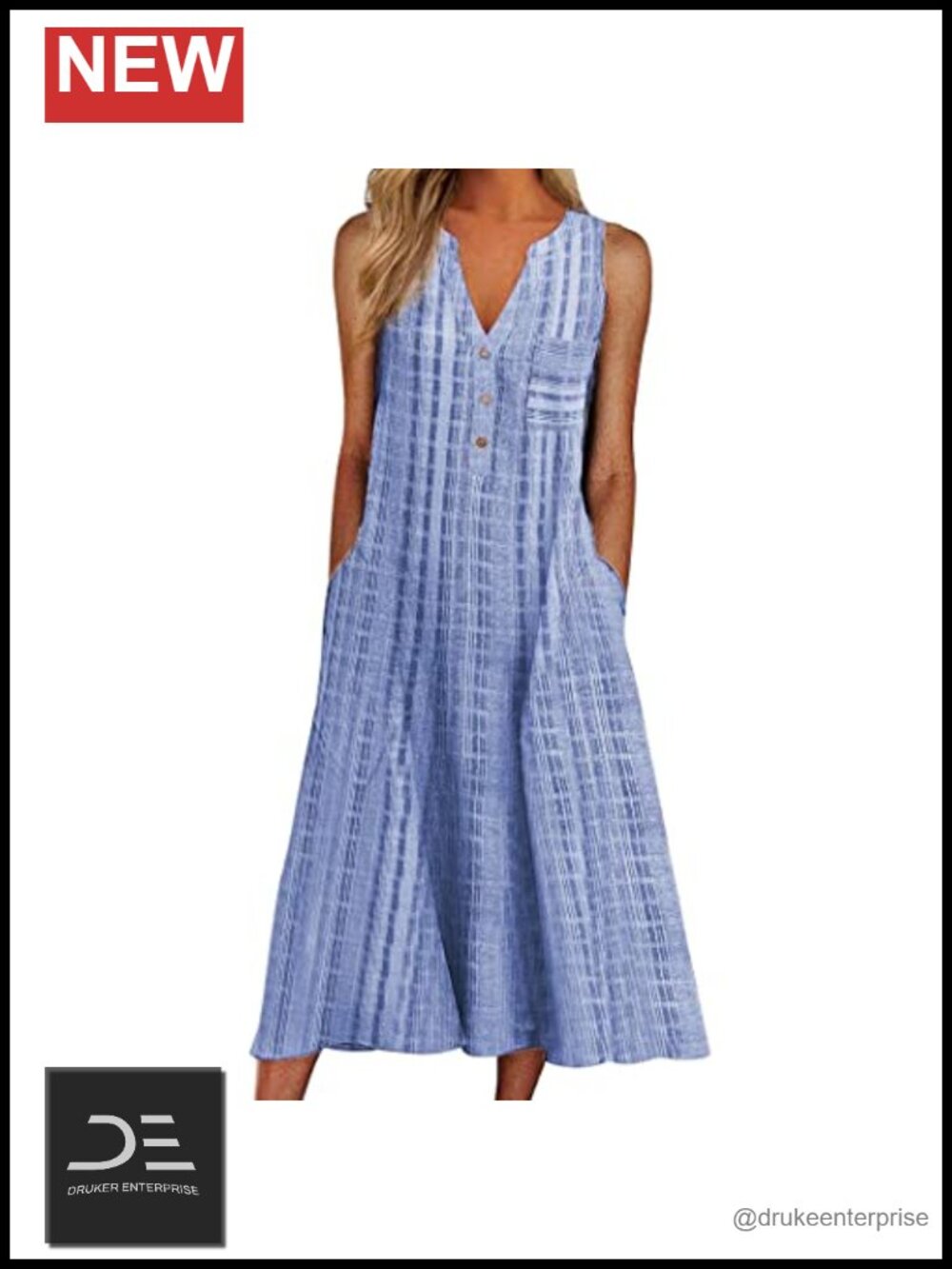 Womens Casual Midi Dress Stripe V Neck Sleeveless Button Pocket Summer